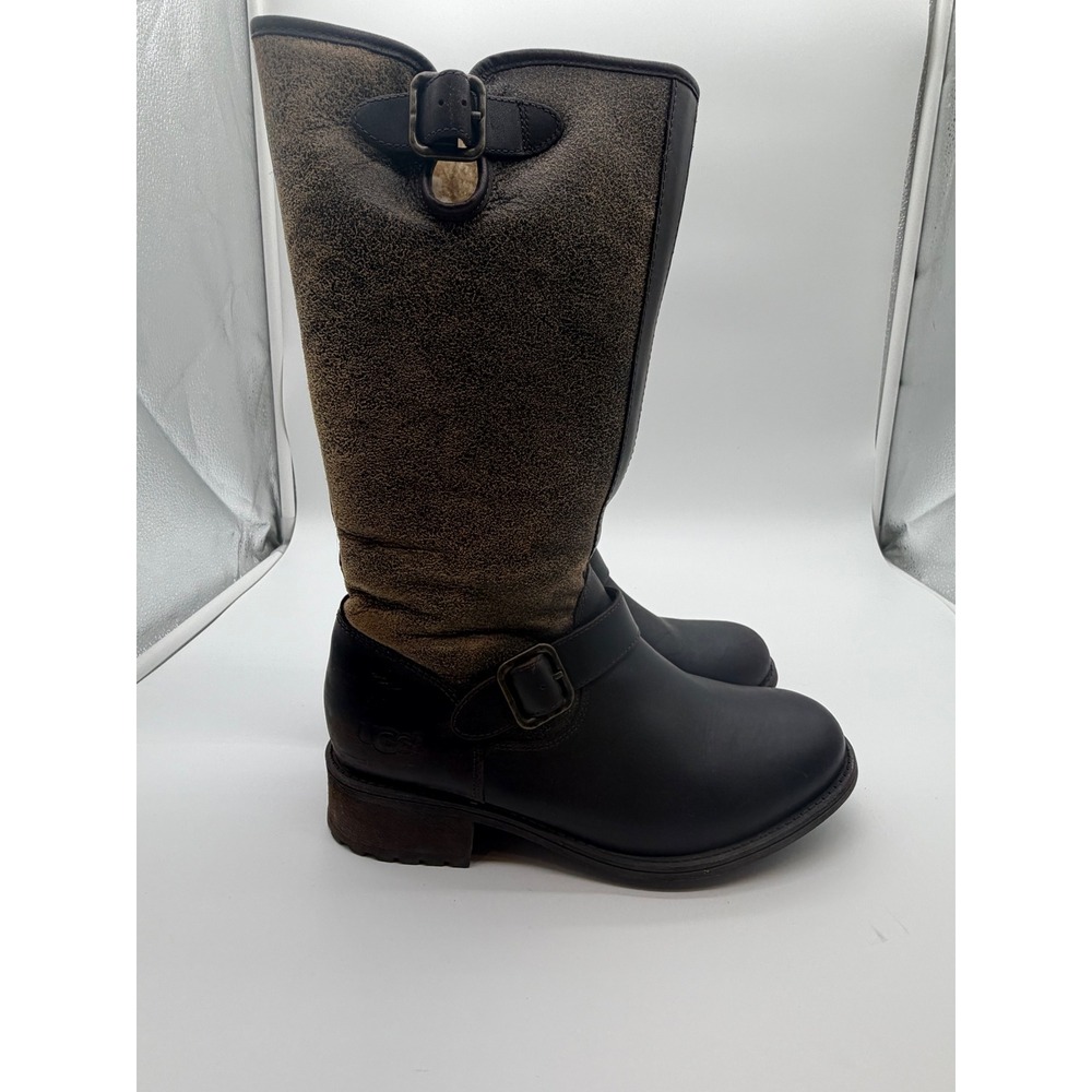 UGG Australia Womens Brown Leather Suede Tall Moto Buckle Boots Side Zip 12in 7
